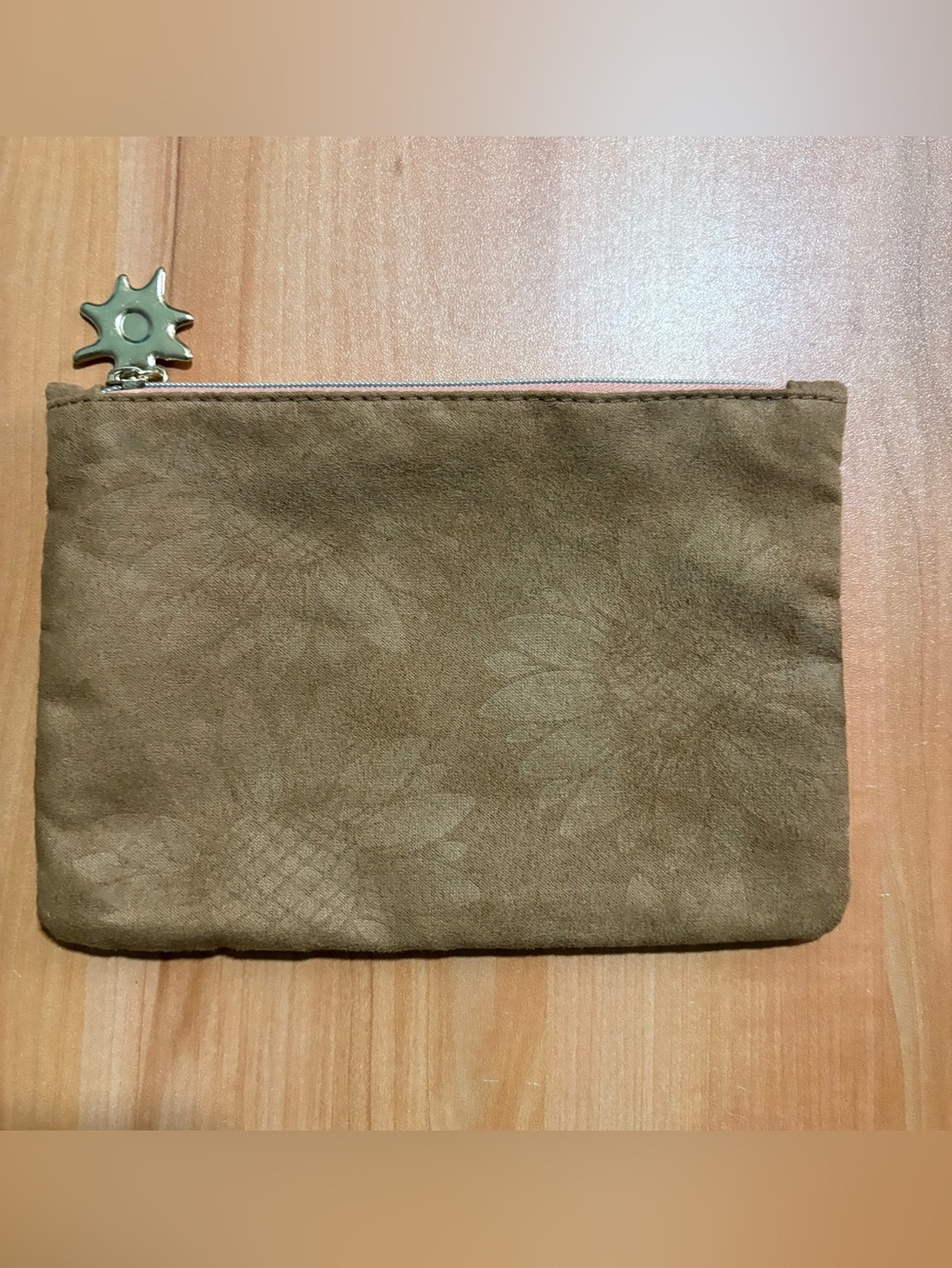 Ipsy Tan Faux Suede Sunflower Embossed Cosmetic Bag with Gold Charm.